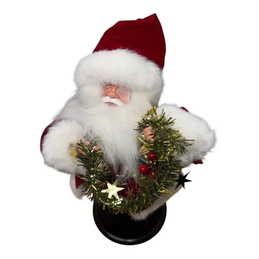 Vintage Christmas Holiday Santa w/tinsel on stand Garland Holly Berries
